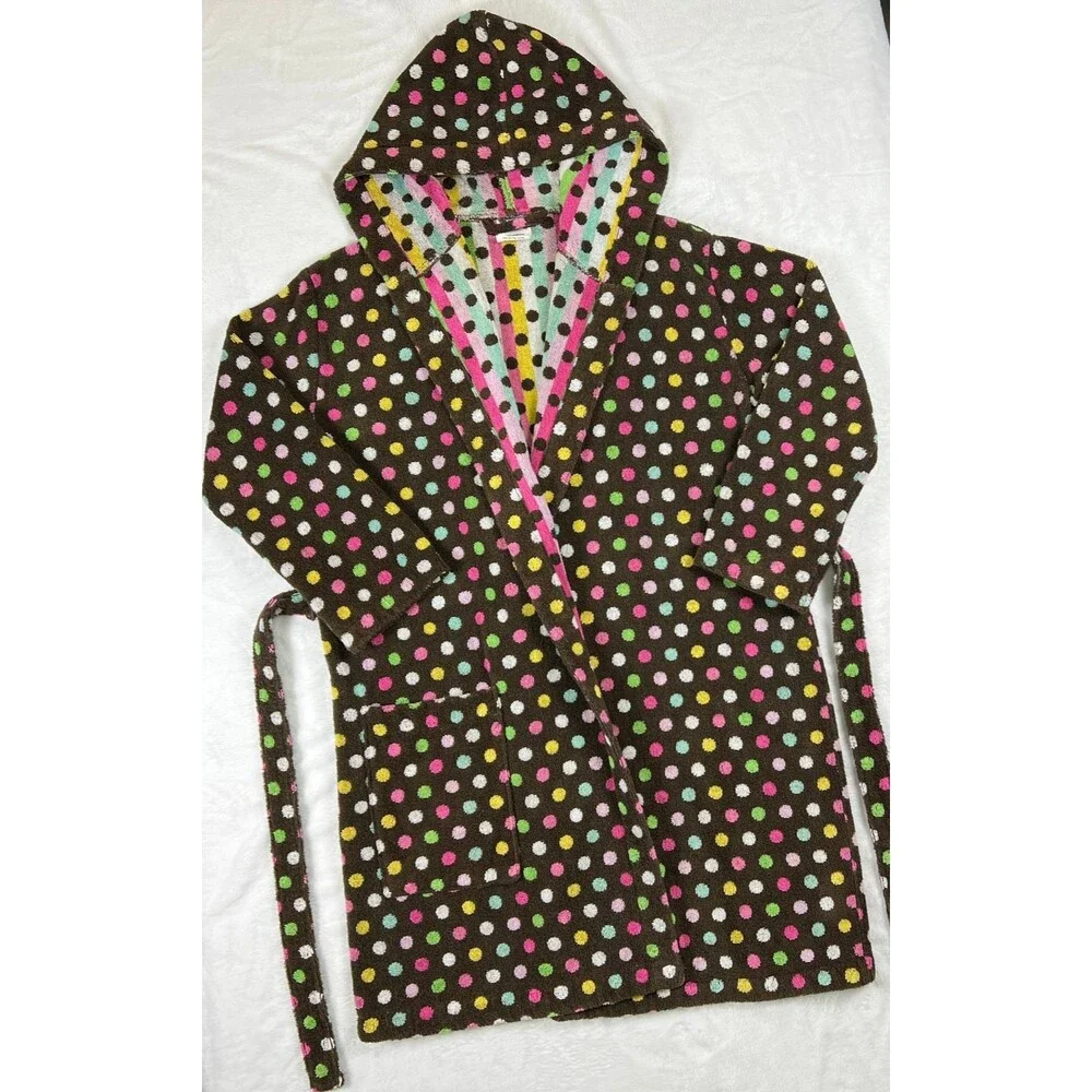 Pottery Barn PB Teen Robe Coco Dot Brown Multi Color Cotton Terrycloth One Size